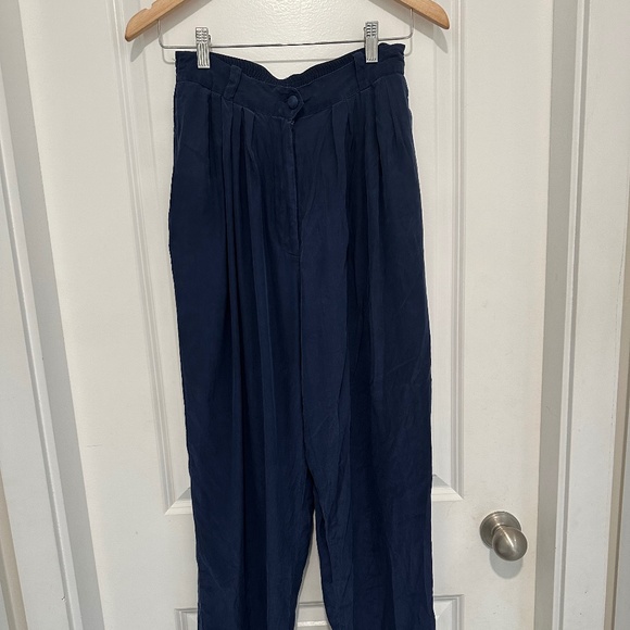 Diane Gilman 100% Silk Pants Vintage Navy Elastic Waist Trouser - Picture 3 of 10
